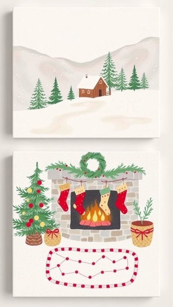 Simple Aesthetic Christmas Paintings Aesthetic Christmas paintings featuring snow landscapes, cozy cabins, and festive decorations.
